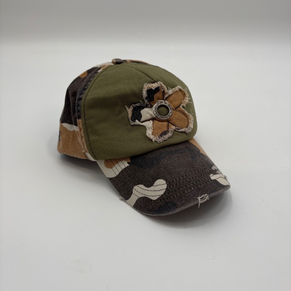 Y2K Distressed Womens Hat Cap Green Floral Grunge Frayed Front Panel Cotton